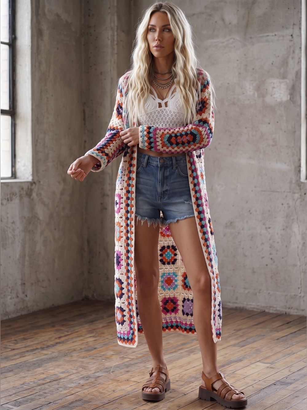NWT POL Granny Tile Crochet Multi Colored Knit Long Duster Cardigan Sweater - Picture 6 of 8